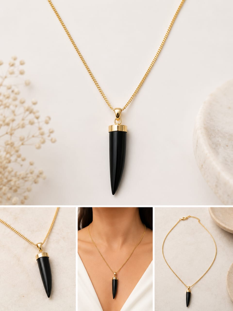 Black Onyx Pendant Necklace – Elegant Gold-Tone Statement Jewelry - Image 2