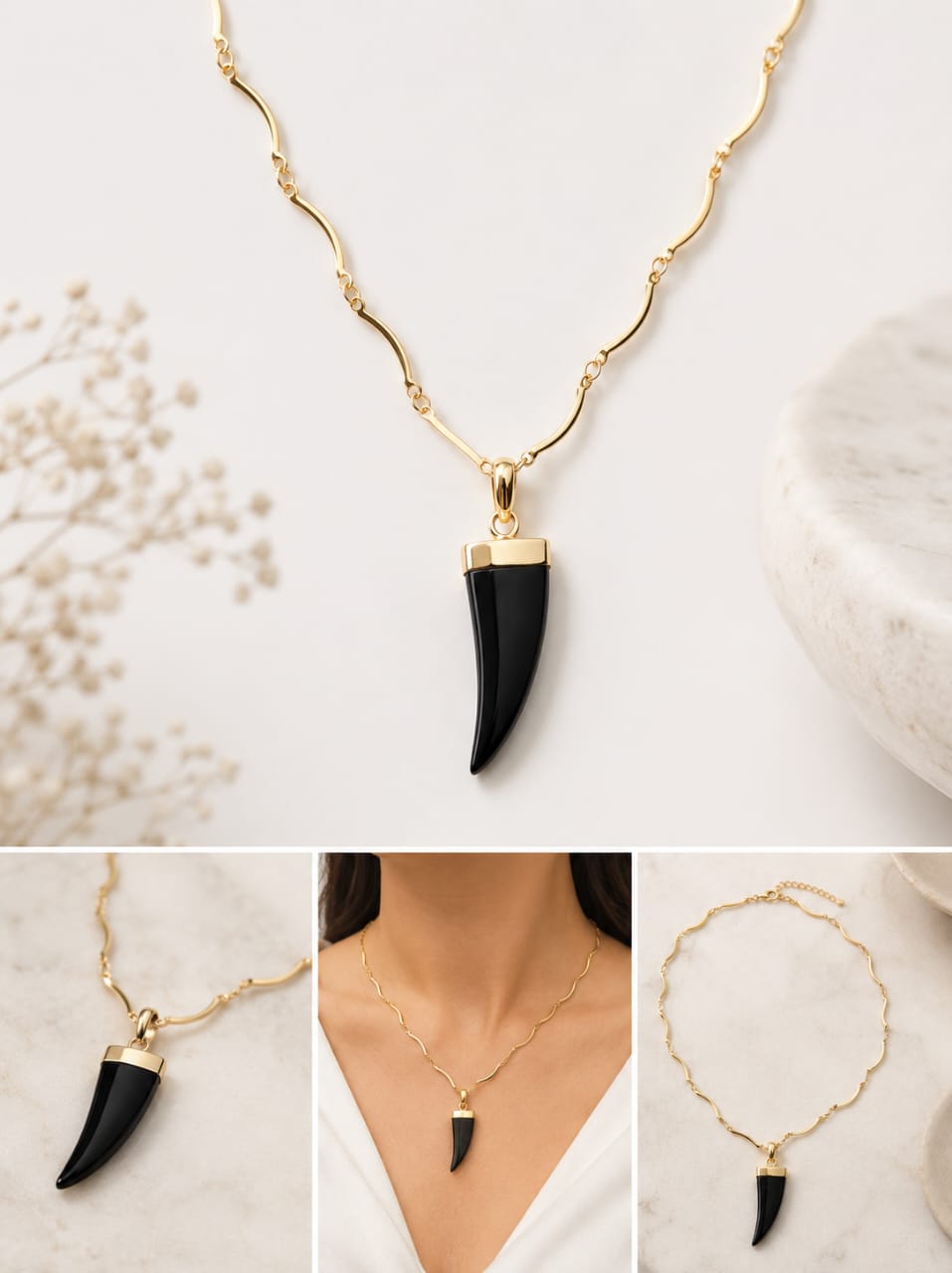 Black Onyx Pendant Necklace – Elegant Gold-Tone Statement Jewelry